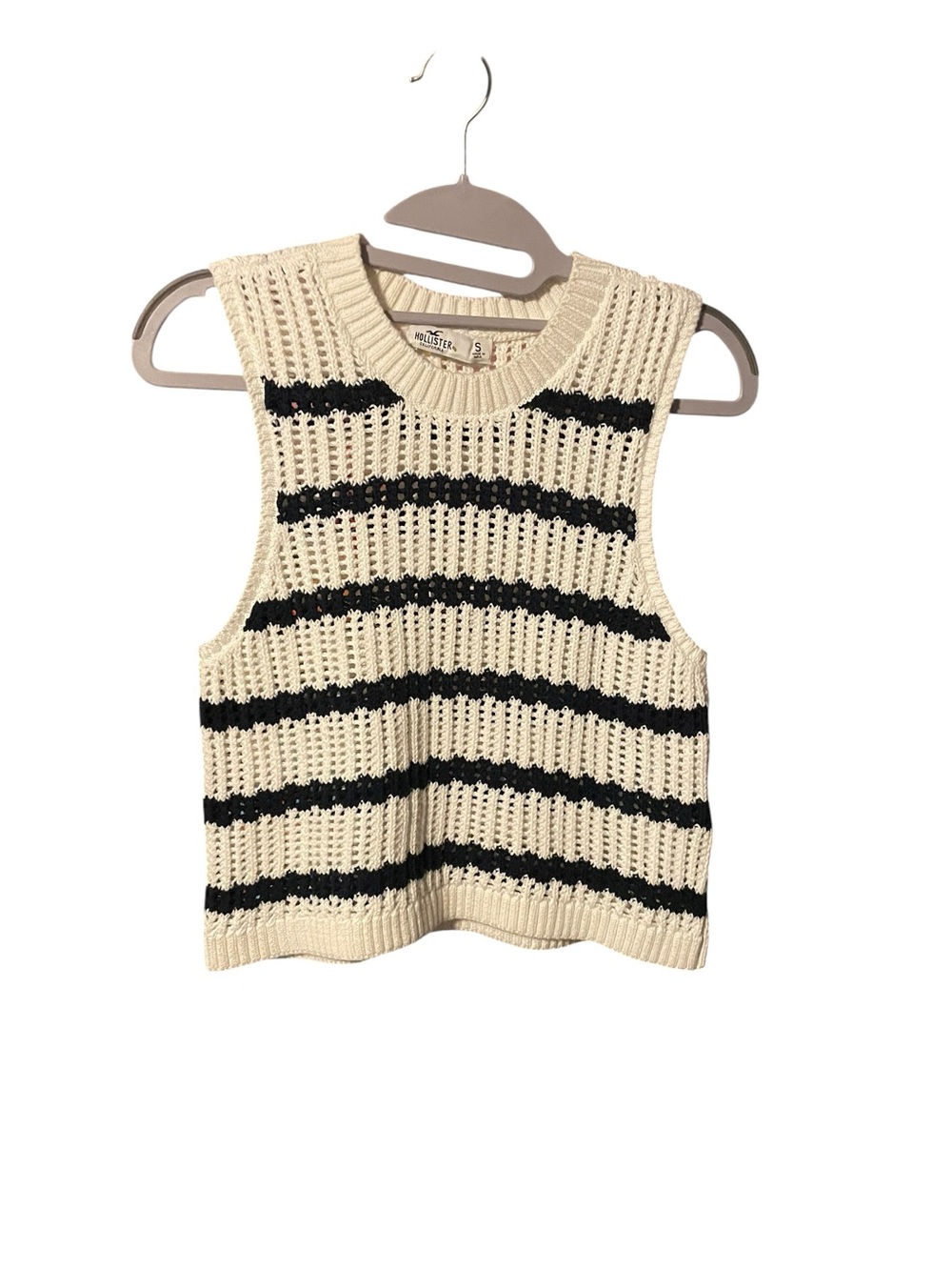 Hollister Cream and Black Striped Open-Knit Sleeveless Sweater